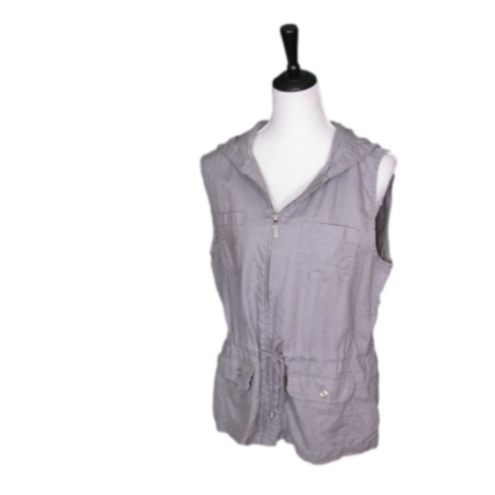 ST. Tropez Gray Zip Front Tie Waist Hooded Linen Sleeveless Top/Vest Size Large